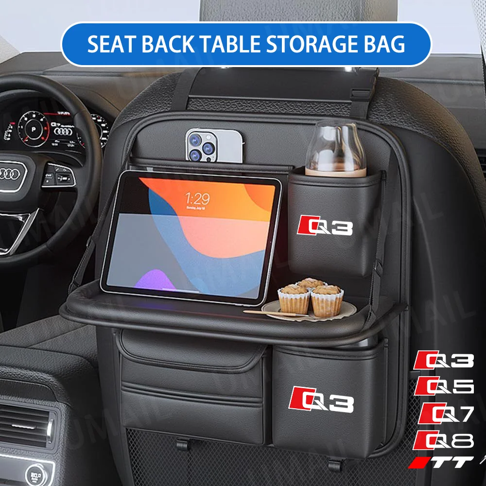 Car Seat Back Storage Bag for Kids with Foldable Dining Table Tray Multi-Pocket Auto Backseat Organizer for Audi Q3 Q5 Q7 Q8 TT