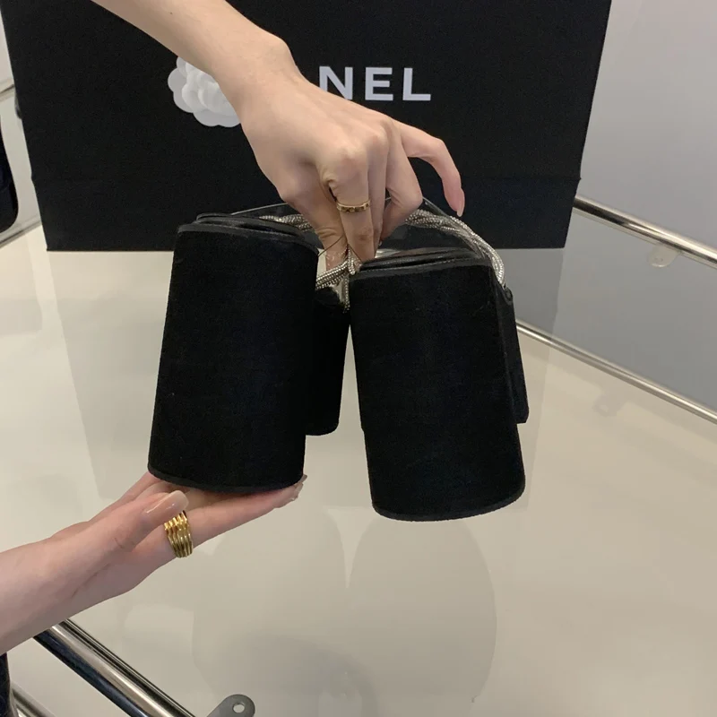 Women Slippers Black Chunky Heeled Sandals Cross Rhinestone Transparent High Heels Platform Shoes Summer Sandale Femme image 4