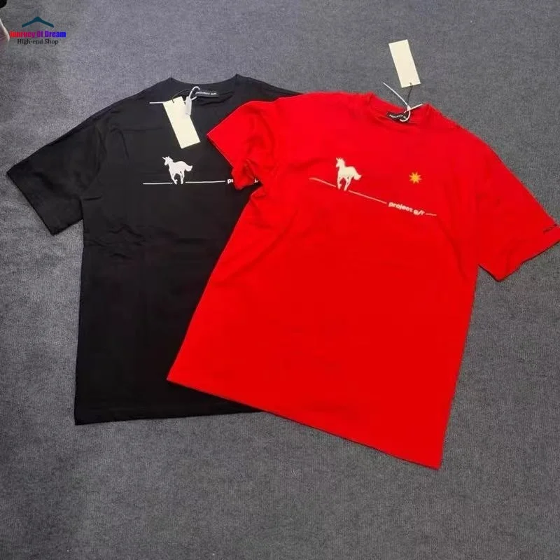 

Latest Red Black PROJECT G/R Unicorn Letter Print Short Sleeve T-Shirt 1:1 Men's Women's Summer Fashion TEE