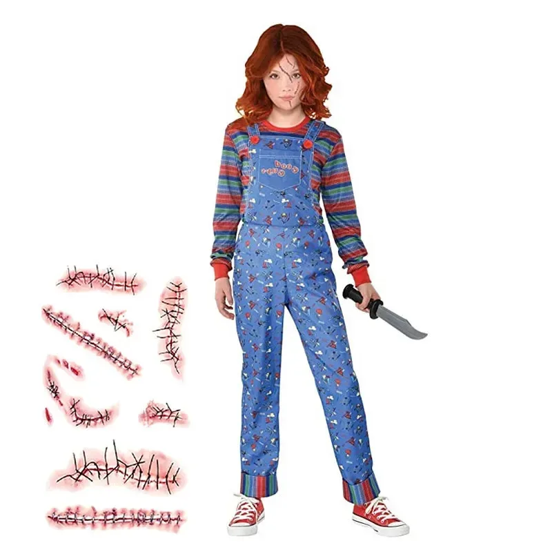 새로운 2025 어린이 할로윈 의상 어린이 코스프레 배낭 유아 Chucky 의상 보내기 흉터 문신 스티커 선물 ☆ ★ ☆ ★ QQ