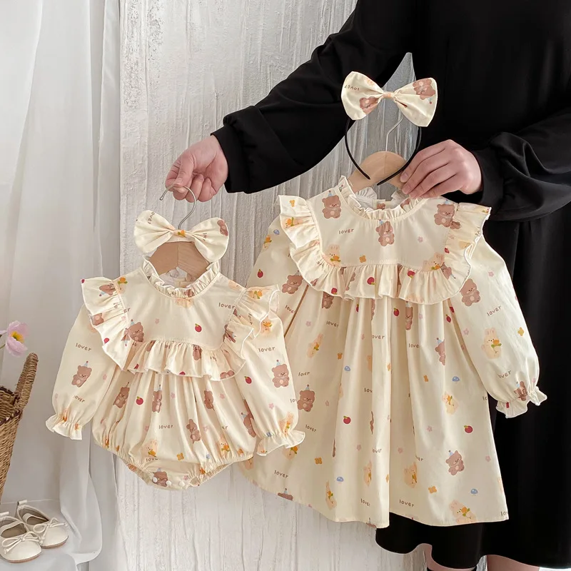 

Хлопковая одежда для маленькой сестры, старшей сестры, одинаковая одежда с медвежонком для маленьких девочек и сестер, боди для новорожденных, детские платья