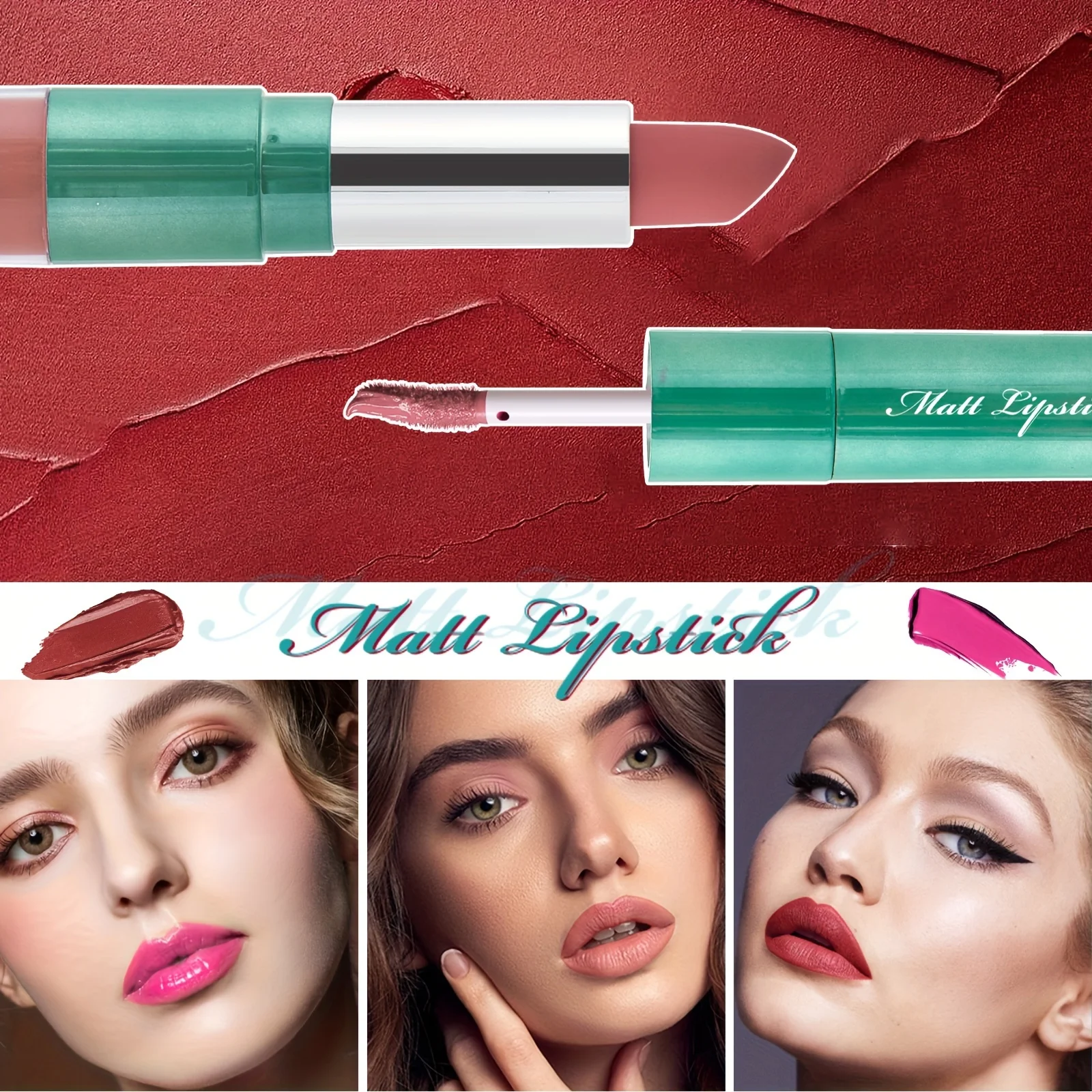 Dual Head Matte Velvety Finish Lipstick, Long Wear High Pigmented Not Sticky Cup Lip Gloss, Lip Stick + Liquid 2 IN 1