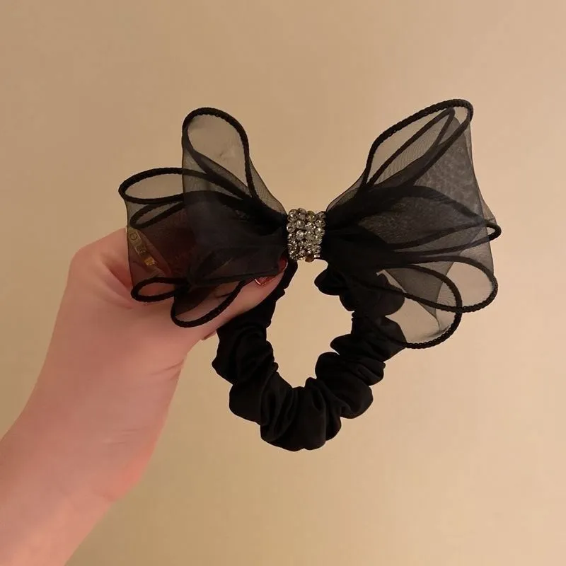 New Mesh Rhinestone Bow Hair Ties Scrunchies Women Girls Elastic Hair Bands Headwear Ribbon Bowknot Ponytail Hair Accessories