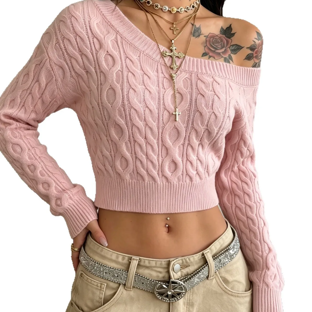 Spicy Girl Off-shoulder Cable Knit Sweater for Women, Cropped Cropped Long-sleeve Sweater, Slim and Fitting Top 5