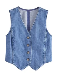 Tangada Women 2023 New Blue Denim Waistcoat Vintage V Neck Sleeveless Female Outerwear 6P134