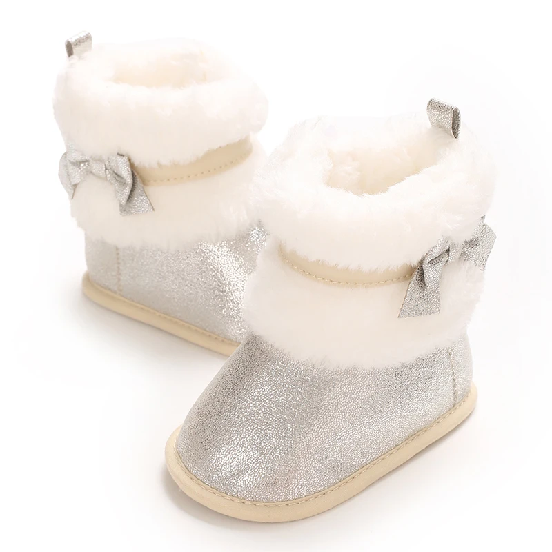 Zapatos de invierno para niña recién nacida, zapatos planos cálidos y brillantes con bonitos lazos, zapatos informales para caminar para niños pequeños