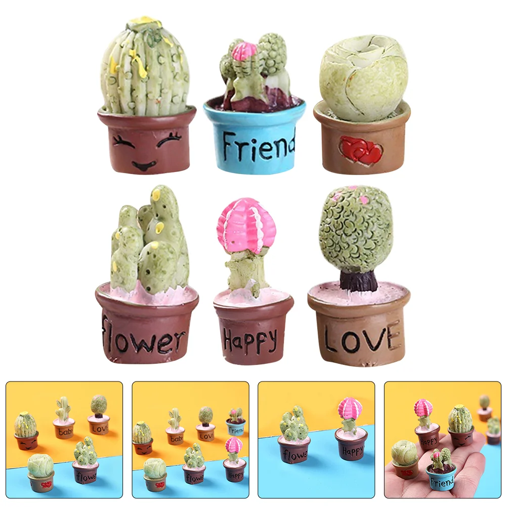 6 Pcs Micro Landscape Potted Plants Tiny Resin Figurines Mini Bonsai Model Miniature Succulent Office Decoration