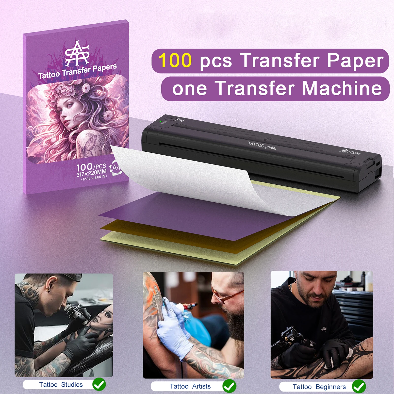 YILONG Portable A4 Thermal Tattoo Stencil Printer Wireless Bluetooth Copier with 100 Sheets 4-Layer Transfer Paper for Artists