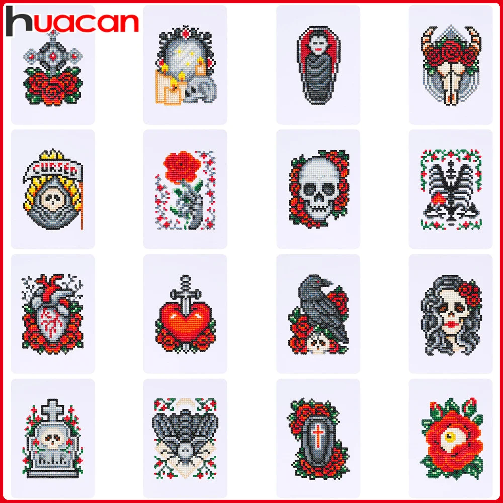 Huacan 16pcs Halloween Diamond Painting Cartoon Flower New Collection Full Round Mosaic Portrait Skull Handmade Wall Decor