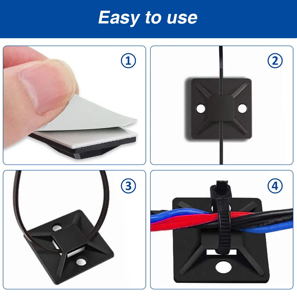 Supports de base de câble de montage à dos adhésif, point d'injecteur à trou de vis, zar, résistance optimale pour longtemps, 200 pièces