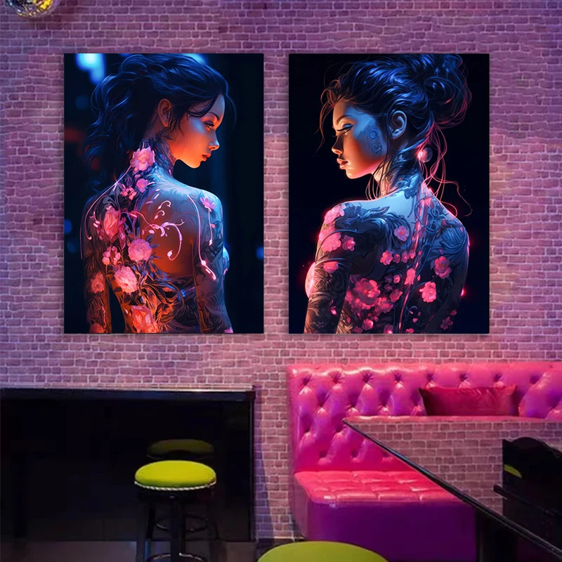 Floral Cyberpunk Girls Tattoos Posters Beautiful Flower Fashion Sexy Anime Girl Canvas Print Painting Home Bedroom Decor Gifts view 2