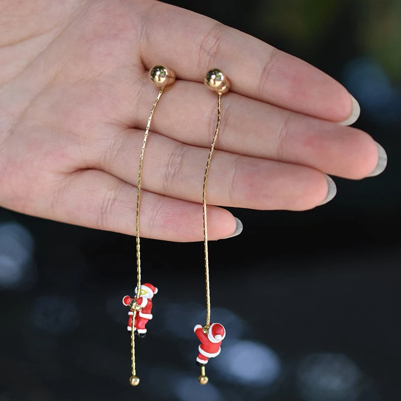 Moving Santa Claus Tassel Dangle Earrings For Women Christmas Tree Snowflake Asymmetric Long Chain Earring Festival Jewelry Gift