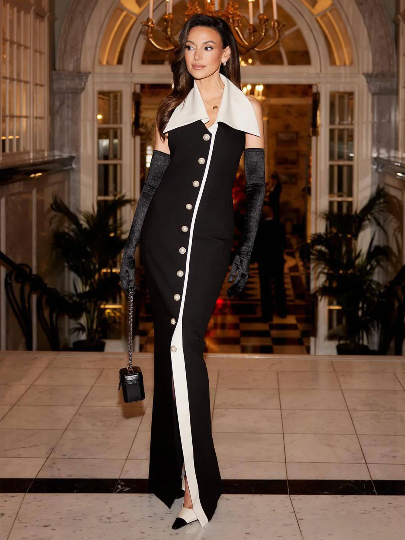 فستان نسائي عالي الجودة أسود مثير برقبة معلقة بدون أكمام وظهر واحد وفتحة صدر واحدة فستان طويل أنيق للحفلات المسائية #5