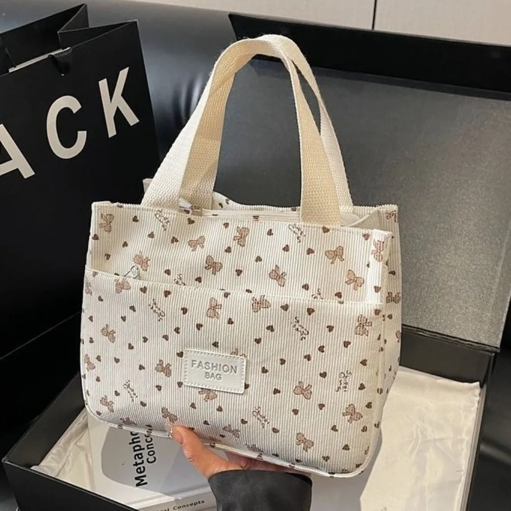 Vintage Bow Heart Printed Corduroy Handbag Multi-pocket Large Capacity Mommy Bag Top Handle Portable Lunch Bag Daily view 2