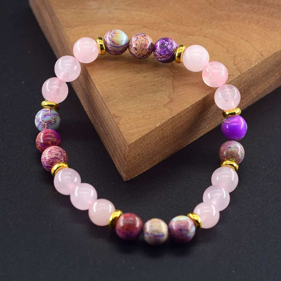 Purple Natural Stone Beads Bracelet Women Emperor's Stone Rose Quartz Agalmatolite Bring Good Lucky and Love for Family Friend