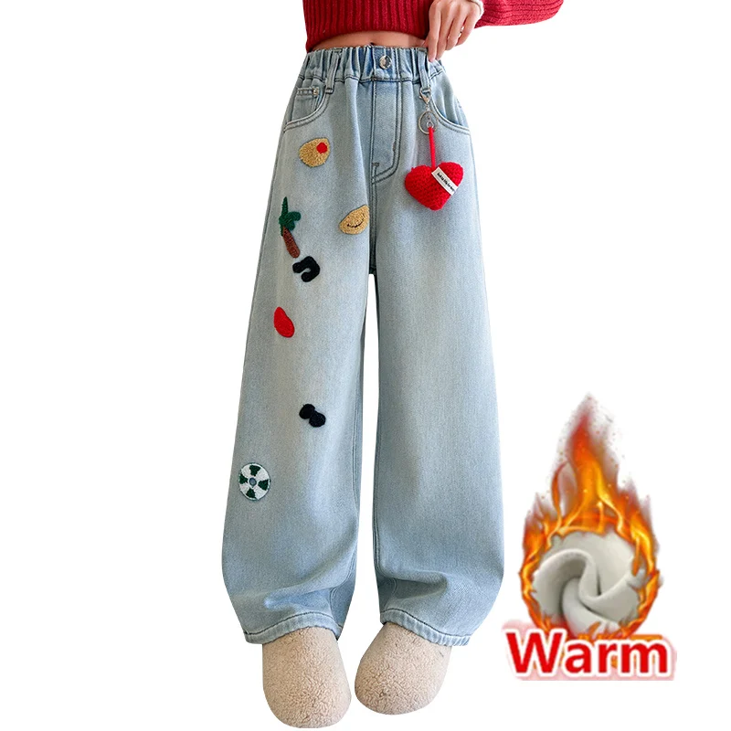 

Girl Winter Christmas Insulated Jeans With Heart Chain For Children Wide Leg Corduroy Lined Jeans Trousers Kids Warm Denim Pants