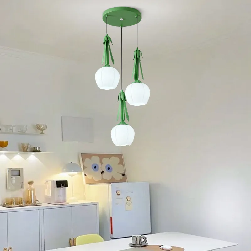 

Scandinavian Cream Style Green Leaf Bedroom Bedside Chandelier French Simple Flower Dining Room Long Plate Ceiling Lights