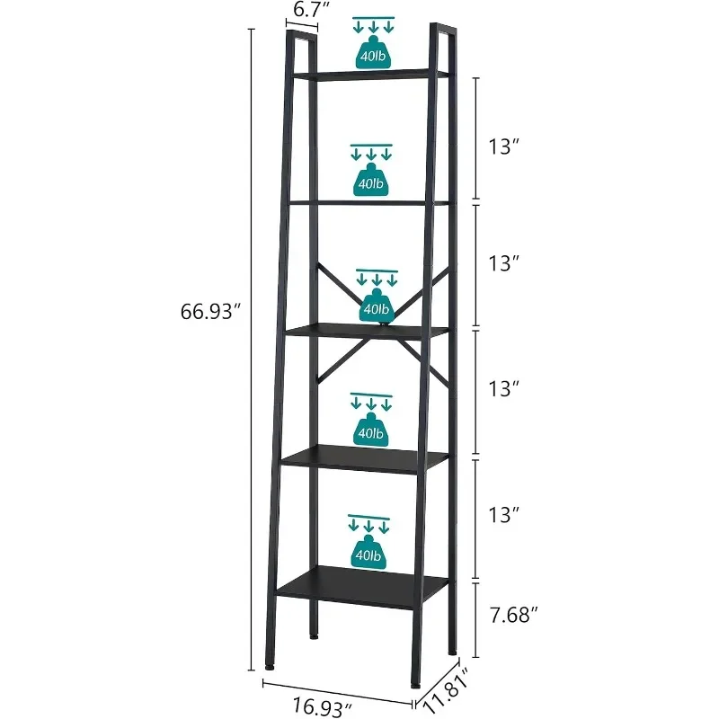 5-poziomowy regał przemysłowy z drabinką, wąska półka drabinkowa, wysoka stojąca półka na książki, obcisła półka z otwartą drabiną, do salonu,