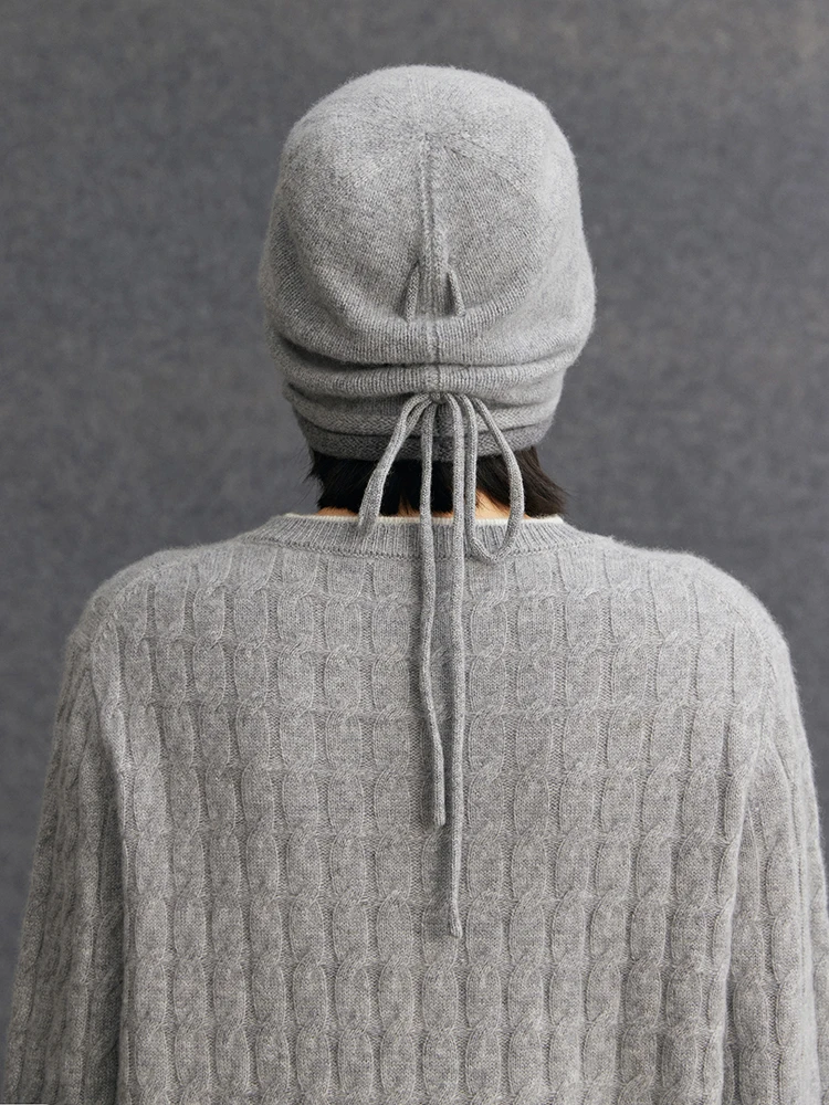 TLOML 新しいレディース100%カシミヤ製ダブルエッジデザインカールエッジハット、帽子を暖かく保つ秋冬用ソフト厚手カシミヤニット帽