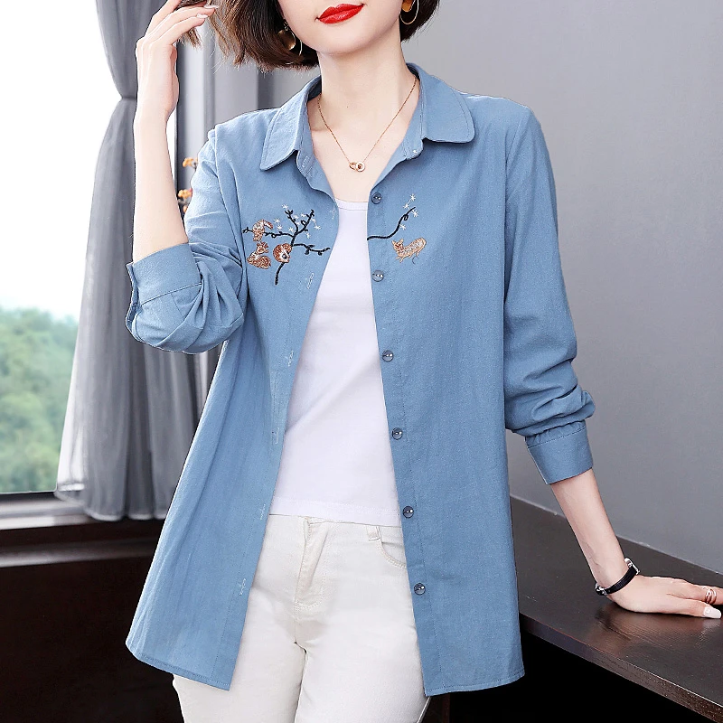 

Pure Cotton Long Sleeve Embroidered Midi Shirt Women's Top Trendy Large Size Spring Autumn Thin Cotton Mom Shirt