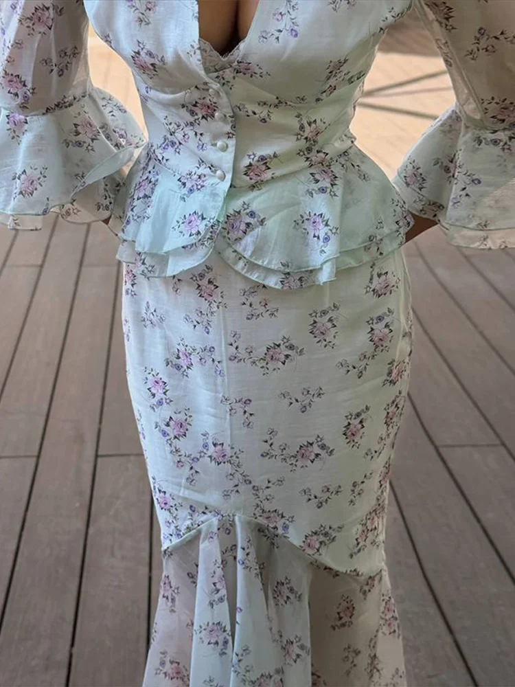 Bedrucktes Rüschen-Oberteil mit Meerjungfrauenrock-Set für Damen – Sexy Tiefer V-Ausschnitt, Halbarm, Taillenbetonende Oberteile, Lange Röcke, Schickes Damen-Outfit, Neu – Detail 19