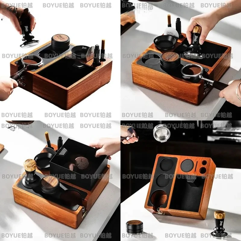 Solid Wood Espresso Tamper Base with Knock Box Integrated Coffee Grounds Holder Storage Station for Italian Machine