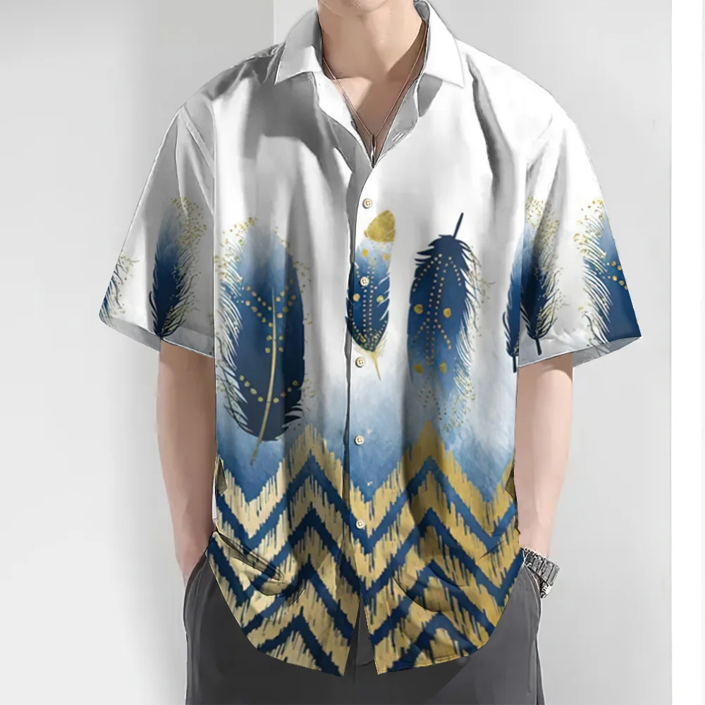 Chemise hawaïenne à manches courtes pour hommes, impression de plumes 3D, vêtements décontractés surdimensionnés, chemise de haute qualité, été, 03