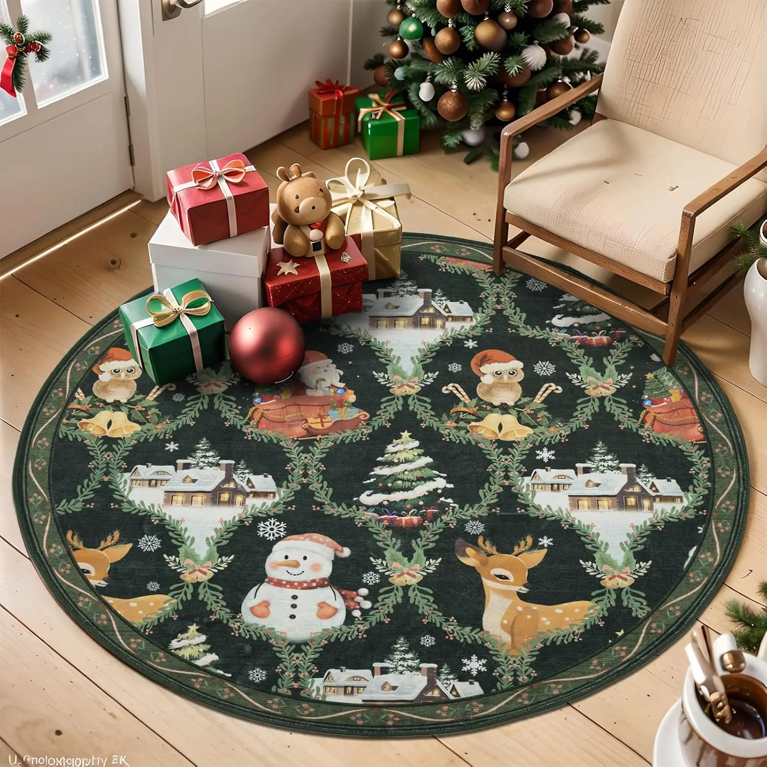 

Vintage Christmas Village Round Rug Green Base Snowy Houses Owls Reindeer for Seasonal Charm