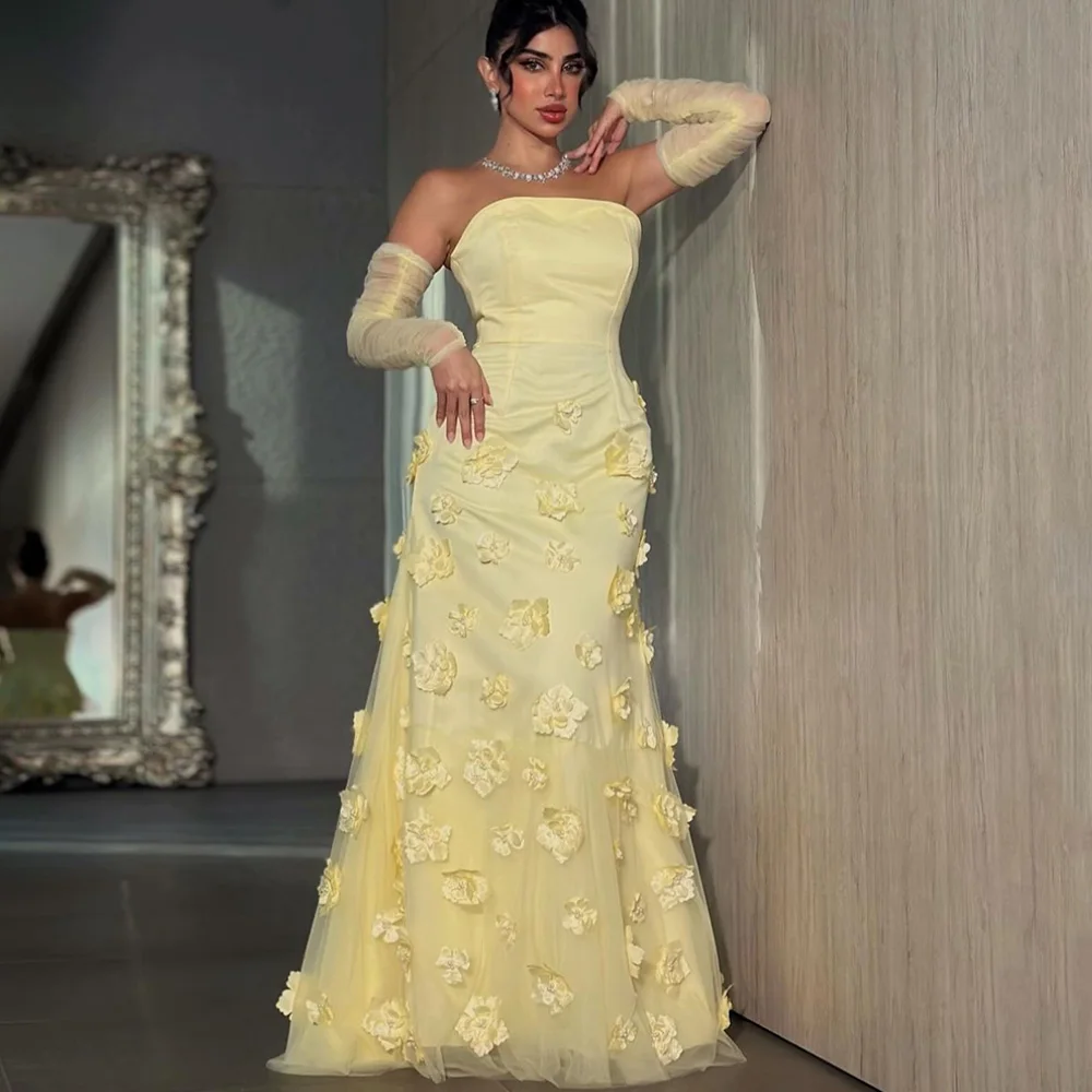 Yellow Mermaid Evening Dress Customized Strapless Detachable Tulle Sleeves 3D Flowers Sweep Train Saudi Arab Prom Gown