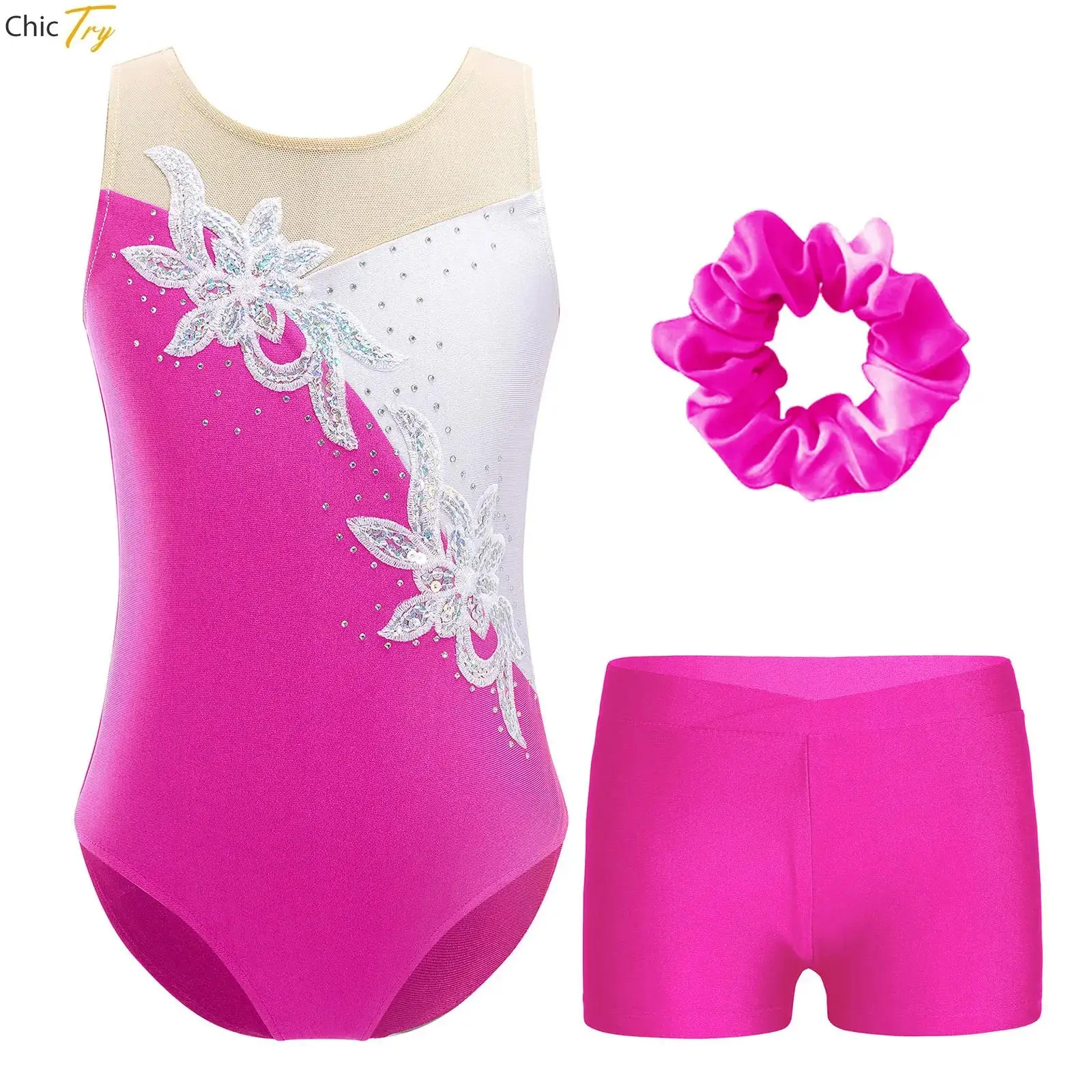 Kid Girl Ballet Dance Sets Sequins Sleeveless Gymnastics Leotard +Shorts Hair Band Outfits Sports Unitard Biketard Stage Costume