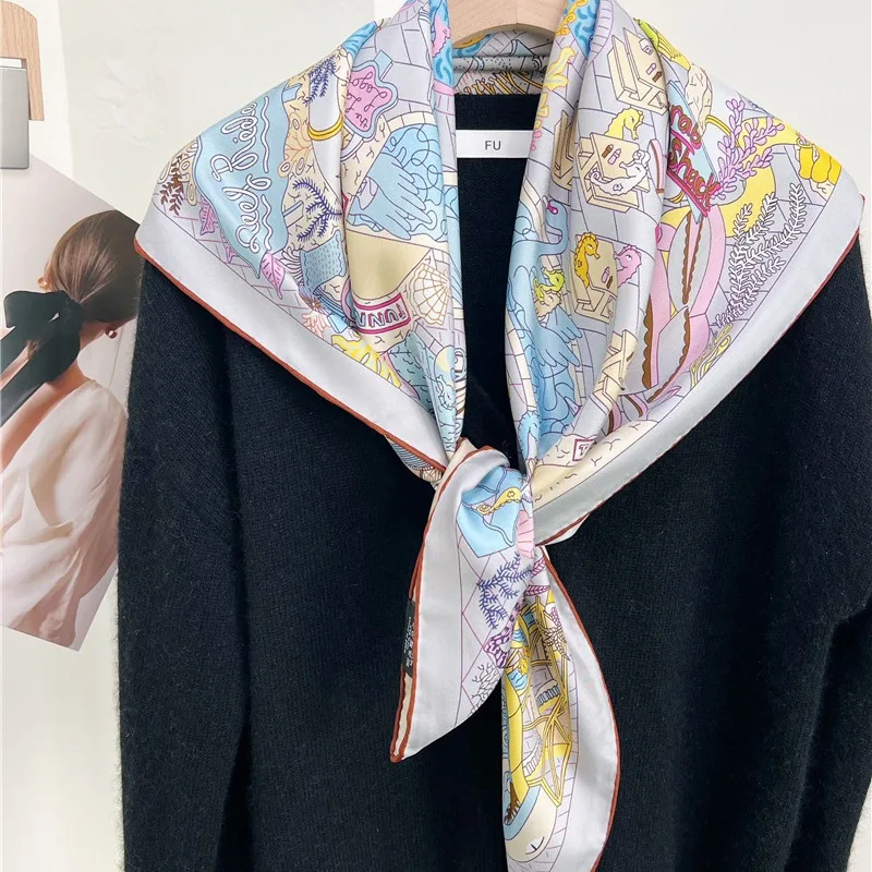 

Women’s 18 MM100% Mulberry Silk Twill Square Scarf 88×88cm Double-Sided Contrast Print Hand-Rolled Hem Luxury Neck Hair Wrap