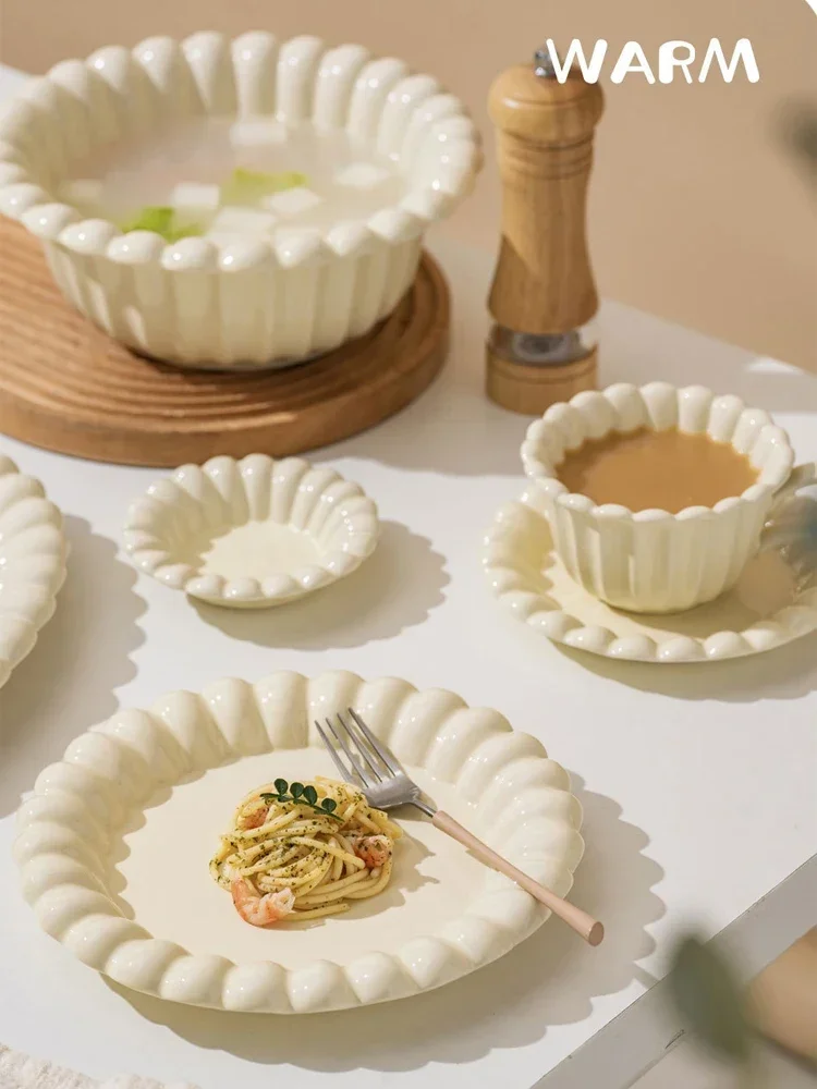 Beige Ceramic Bowl and Plates Set, Large Soup Bowls, Tableware, Breakfast, Fruit Plates, Kitchen Tools