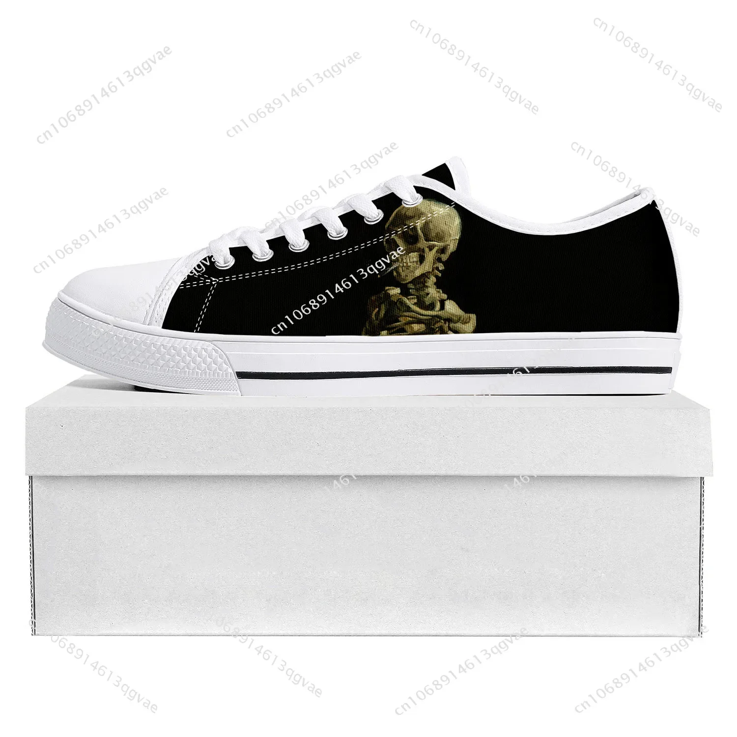 Van Gogh Smoking Skeleton Low Top High Quality Sports Shoes Men Ladies Teenagers Canvas Shoes Couple Custom Shoes White