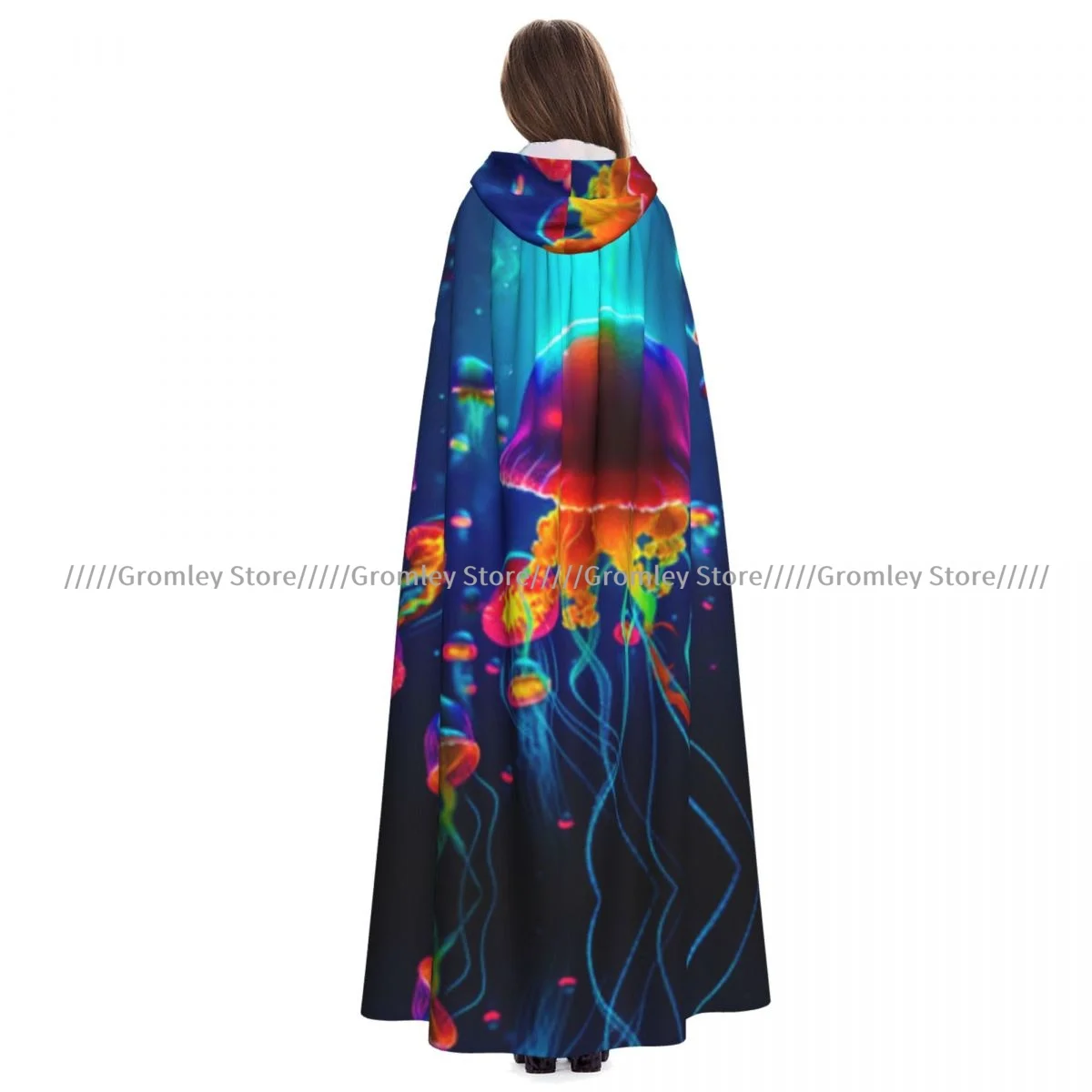 Witch Long Hooded Robe Jellyfish Floating In The Ocean Halloween Cloak Cosplay Costumes for Adult