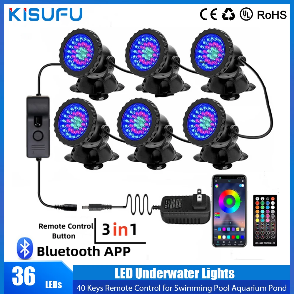 Luces LED subacuáticas impermeables IP68 RGB, 40 teclas, Control remoto, Bluetooth, punto de luz subacuática para piscina, Acuario y estanque