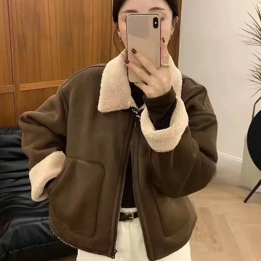 High-End Feeling Lamb Wool Jacket For Women Thickened Lapel Motorcycle Jacket Top Autumn/Winter Wool Blends