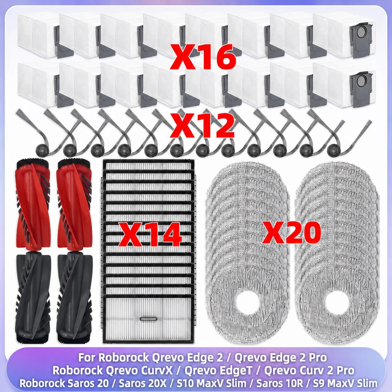 Compatible con Roborock Saros 20/ Saros 20X / S10 MaxV Slim/ Qrevo CurvX/ Qrevo EdgeT/ Qrevo Curv 2 Pro/ Qrevo Edge 2/Qrevo Edge 2 Pro/ Saros 10R / S9 MaxV Slim Cepillo Rodillo Filtro HEPA Mopa Bolsa