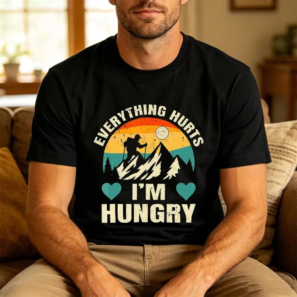 Retro Hiking T Shirt Everything Hurts I'm Hungry Funny Mountain Climbing Graphic men Tees Outdoor Adventure Humor Top