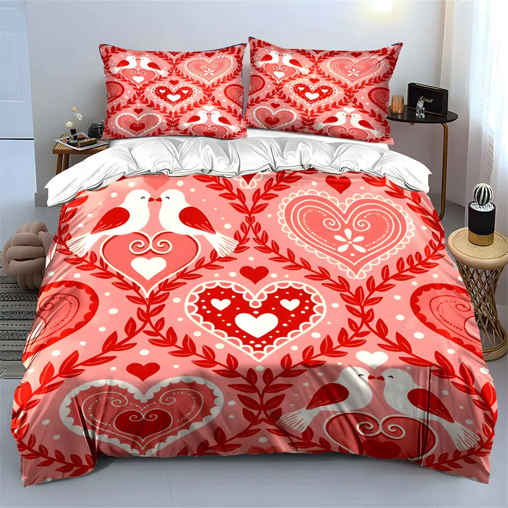 Hearts and Lovebirds Pattern Pattern Duvet Cover Set Digital Print Colorful Polyester Bedding with Zipper Closur for kids gifts 3