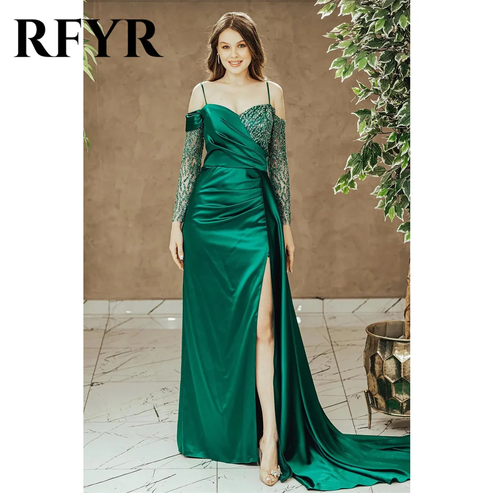 

RFYR Emerald Prom Dress Off The Shoulder Satin Evening Dress Spaghetti Straps Party Dress With Slit Pleat Sequins Robe De Soirée