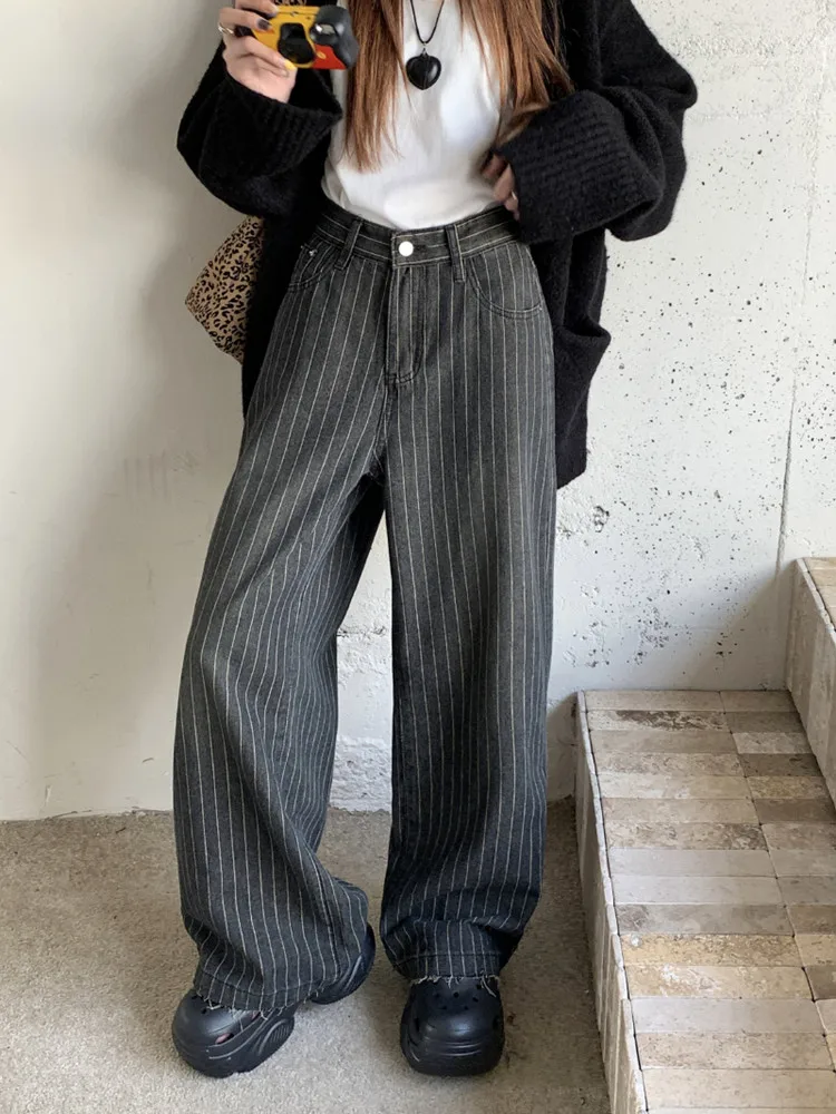 2024 Ropa Y2K Fashion Vintage Striped Wide Leg Baggy Jeans Pants For Women Clothes Straight Washed Black Casual Lady Trousers