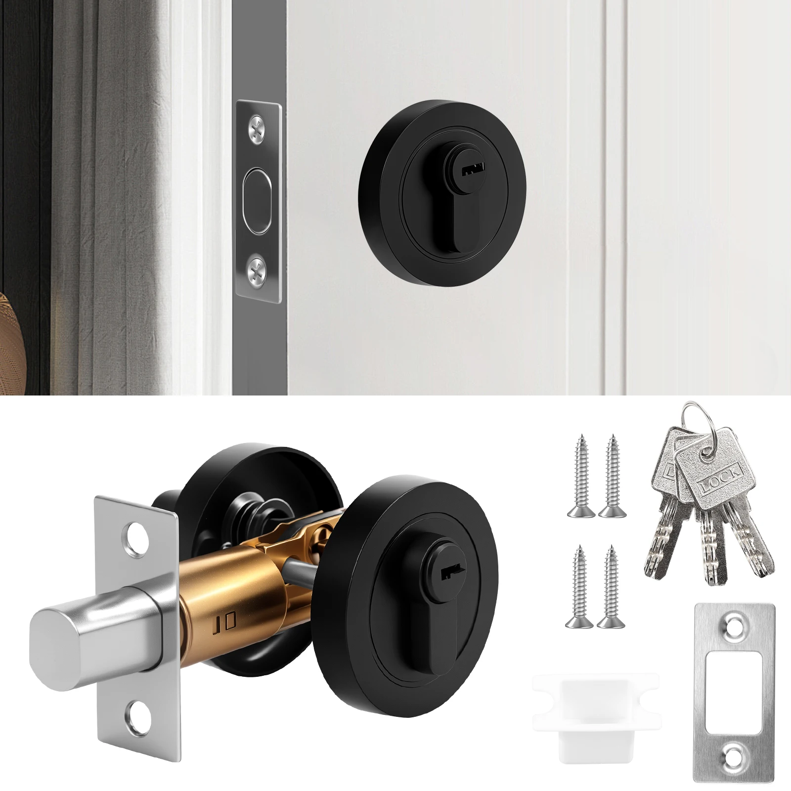 

Round Door Latch Zinc Alloy Effective Protection Anti Theft Deadbolt Lock Single Cylinder Deadbolt for 35mm-50mm Door Thickness