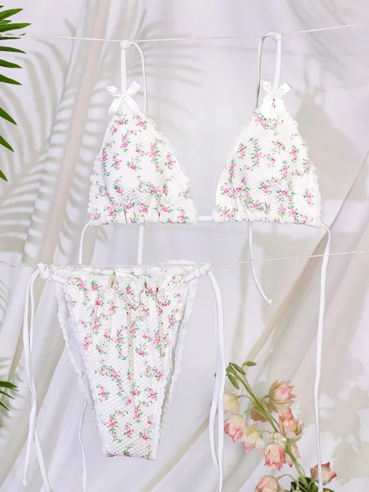 

Sexy Bikinis Triangle Swimsuits Low Waist Swimwear Women Patchwork Beachwear Floral Print Bathing Suit Ruffle Biquini Black
