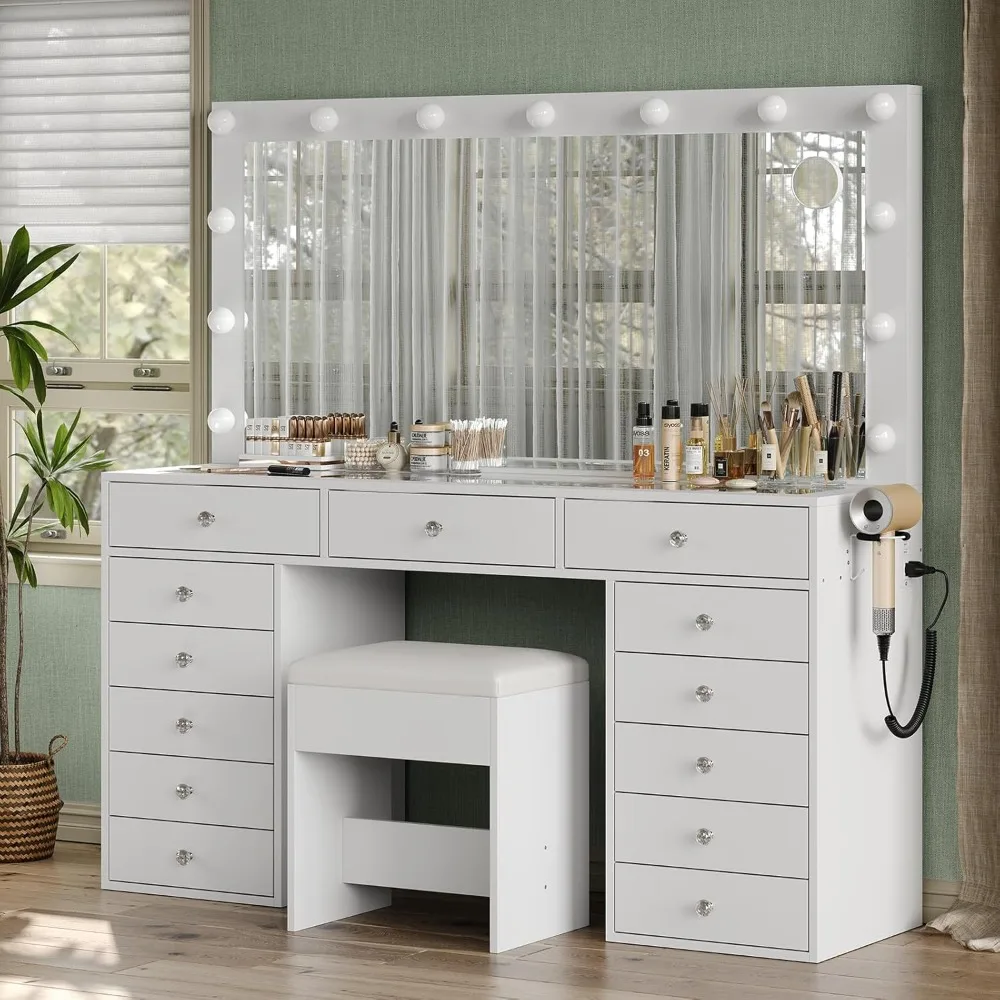

55'' W Makeup Vanity with Power Outlet & Lighted Mirror, Vanity Desk 13 Drawers Glass Top, 3 Lighting Modes, Customized