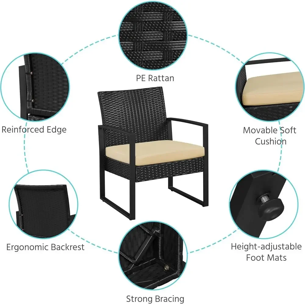 3 Pieces Rattan Bistro Set, Indoor/Outdoor Wicker Patio ern Contion urniture, 2 Chairs & Tempered Glass Coee Table or Garden, Ba view 5