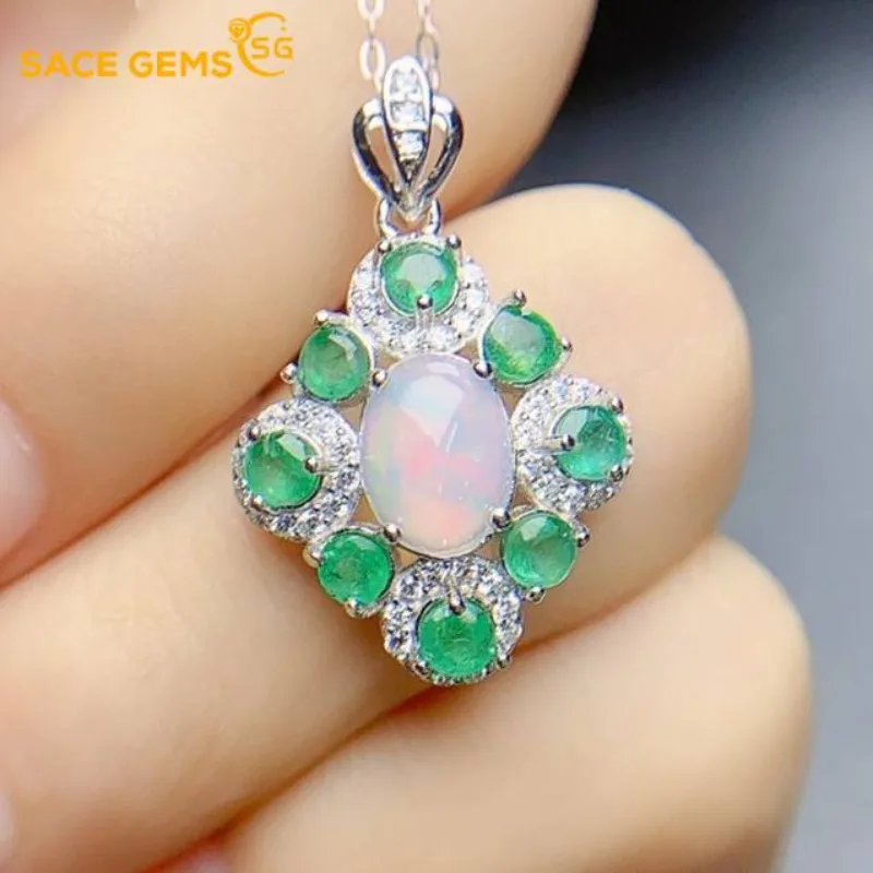 

SACE GEMS S925 Sterling Silver Certified 5*7MM Natual Opal Pendant Necklaces for Womne Engagement Cocktail Party Fine Jewelry