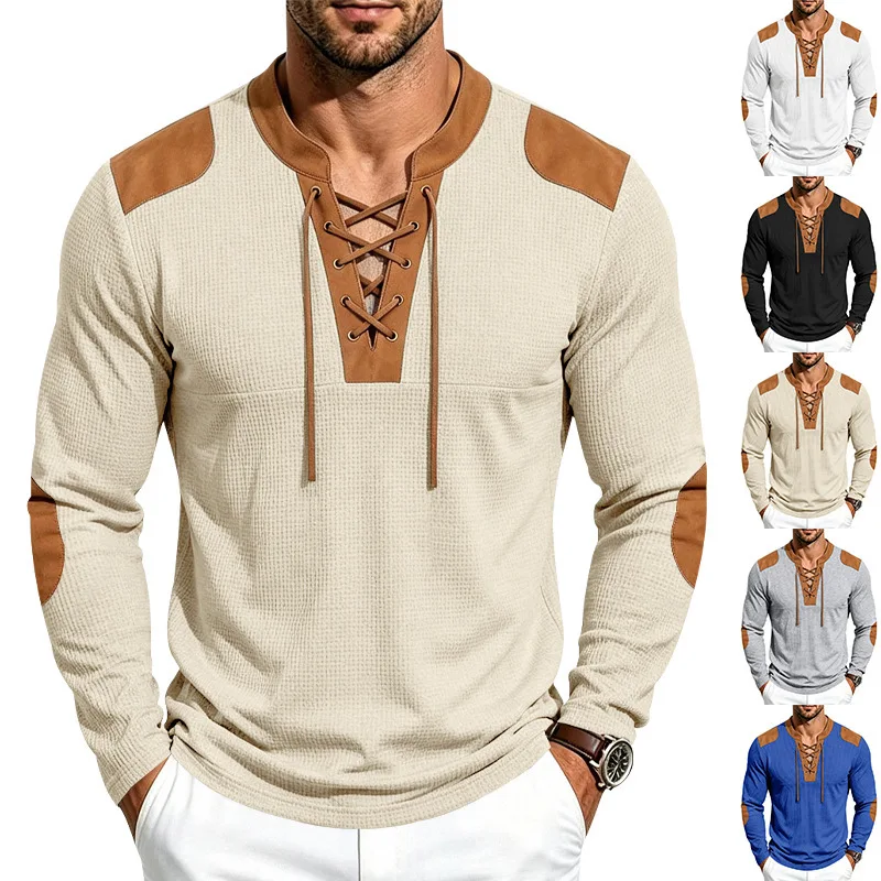 Men's fall clothing Renaissance period waffle mid-century drawstring vintage loose casual long-sleeved Henry T-shirt