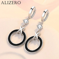 ALIZERO Trendy Black Circle X Hoop Earrings For Women 925 Sterling Silver Jewelry Shiny Zircon Long Earring Party Accessories
