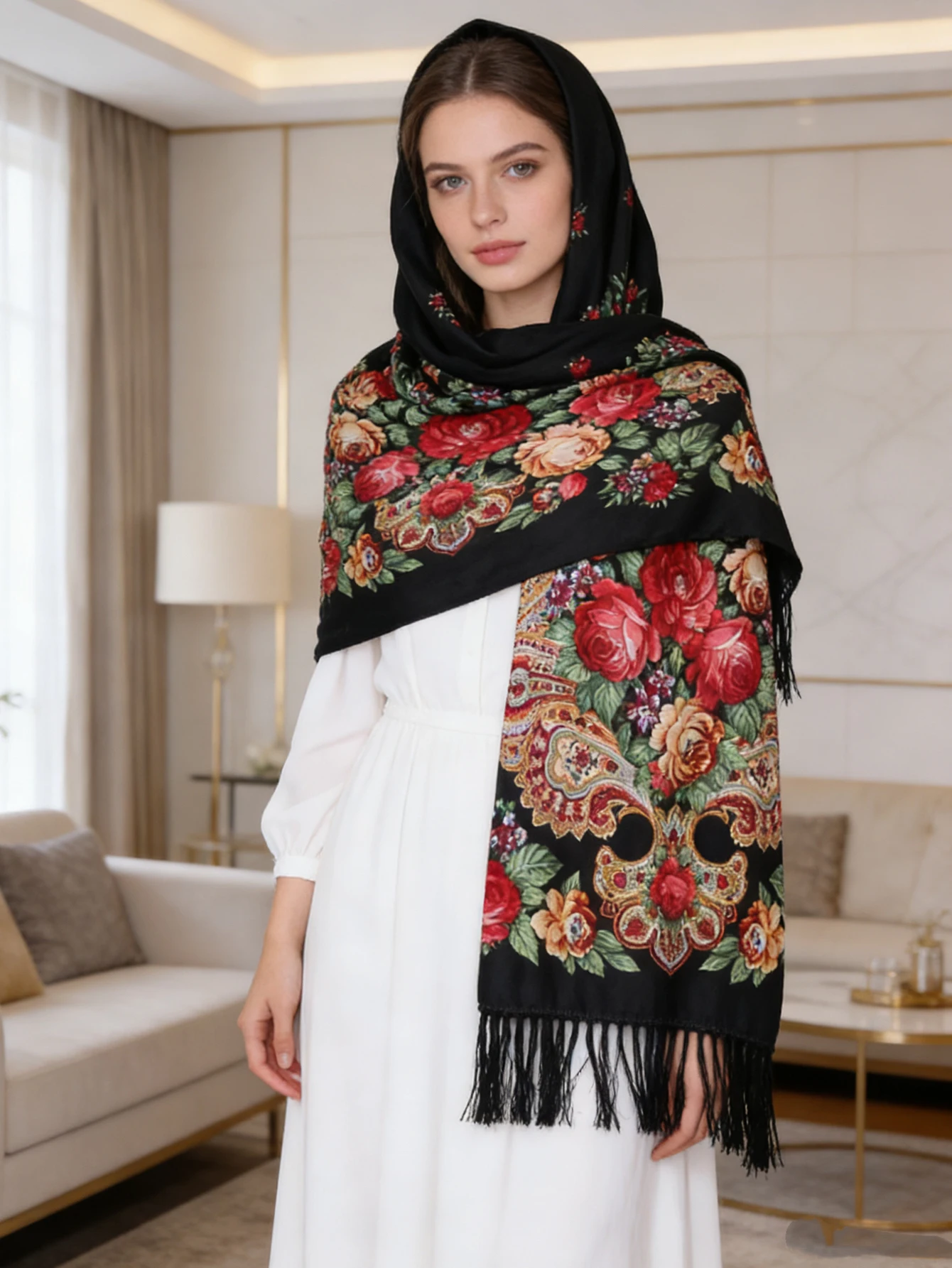 Ethnic Print Scarf for Women Fashion Shawl Russian Scarves Peony Flower Headscarf Long Headband Shawls Sunscreen Cloak Blanket