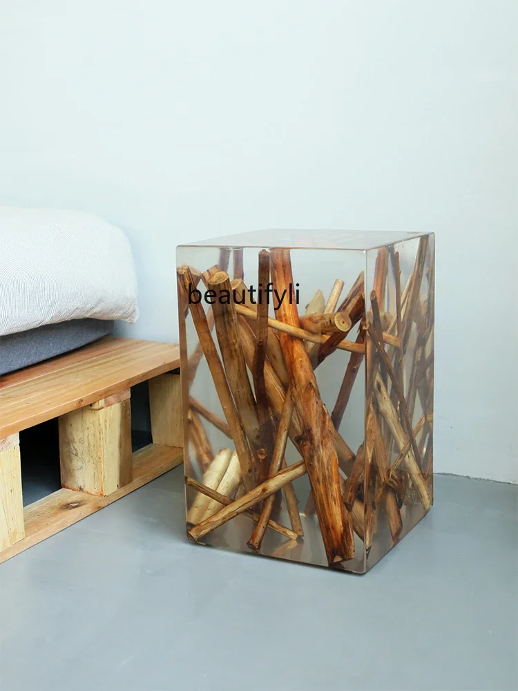 

Transparent Resin Stool a Block of Wood Or Stone Tea Table Acrylic Wood Solid Wood Side Table Glass Tea Stool